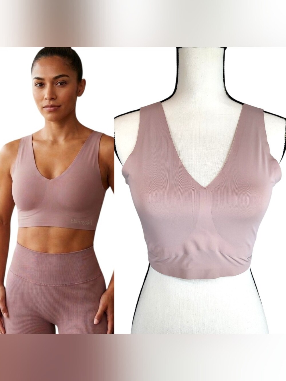 SkinnyGirl Seamless Bra Dusty Mauve Lounge Athleisure WireFree Top V-Neck Size L